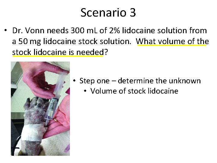 Scenario 3 • Dr. Vonn needs 300 m. L of 2% lidocaine solution from