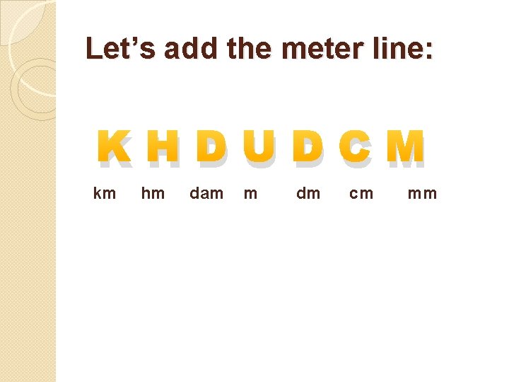 Let’s add the meter line: KHDUDCM km hm dam m dm cm mm 