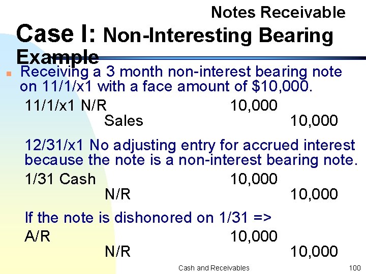 Notes Receivable Case I: Non-Interesting Bearing Example n Receiving a 3 month non-interest bearing