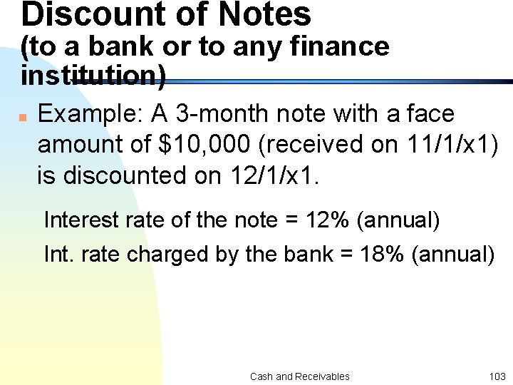 Discount of Notes (to a bank or to any finance institution) n Example: A
