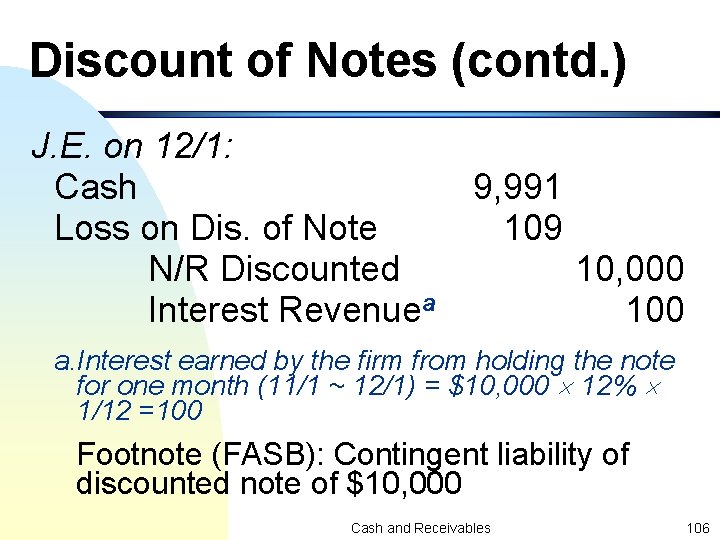 Discount of Notes (contd. ) J. E. on 12/1: Cash Loss on Dis. of