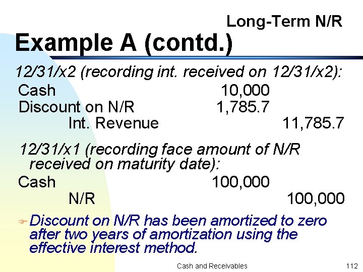 Long-Term N/R Example A (contd. ) 12/31/x 2 (recording int. received on 12/31/x 2):