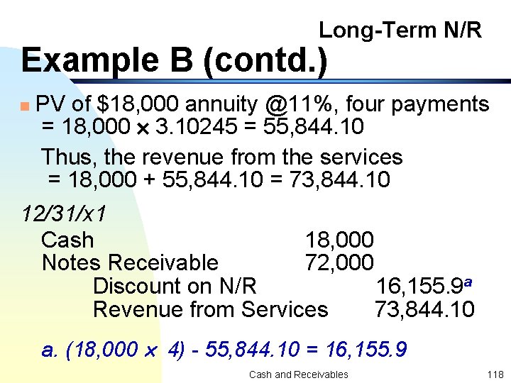 Long-Term N/R Example B (contd. ) PV of $18, 000 annuity @11%, four payments