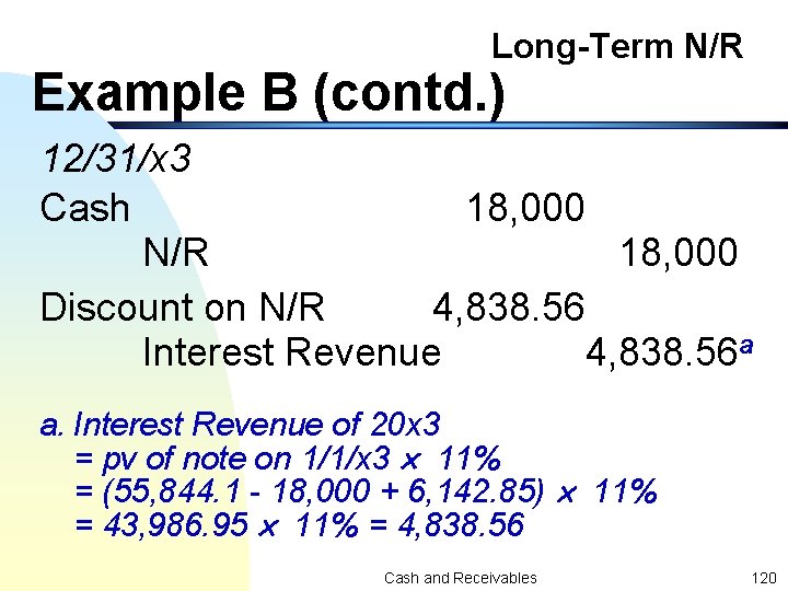 Long-Term N/R Example B (contd. ) 12/31/x 3 Cash 18, 000 N/R 18, 000