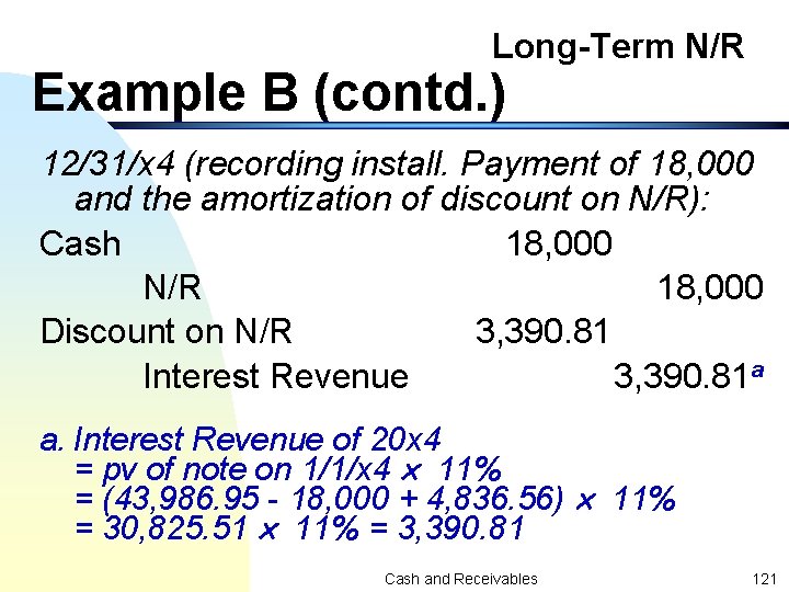 Long-Term N/R Example B (contd. ) 12/31/x 4 (recording install. Payment of 18, 000