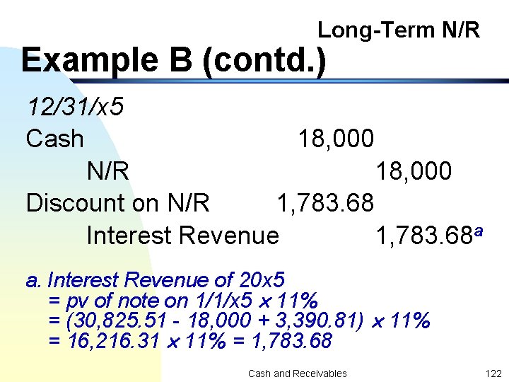 Long-Term N/R Example B (contd. ) 12/31/x 5 Cash 18, 000 N/R 18, 000