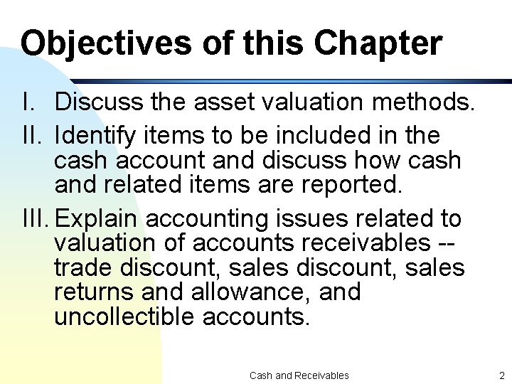 Objectives of this Chapter I. Discuss the asset valuation methods. II. Identify items to