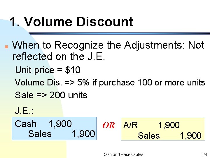 1. Volume Discount n When to Recognize the Adjustments: Not reflected on the J.