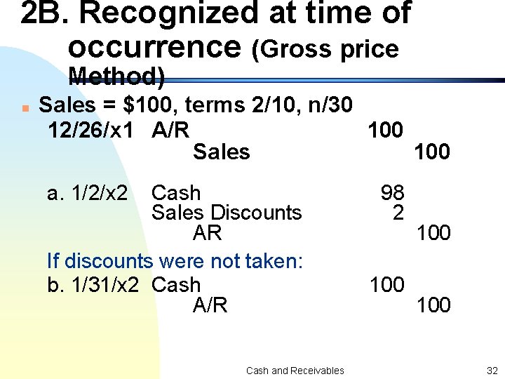 2 B. Recognized at time of occurrence (Gross price Method) n Sales = $100,