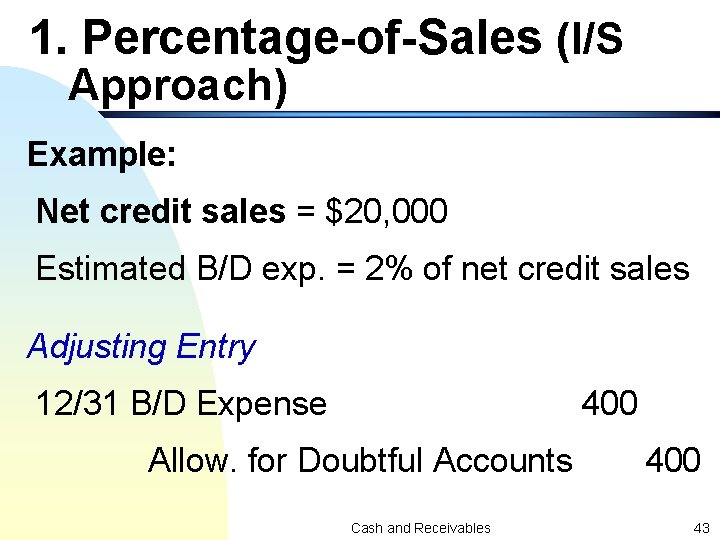 1. Percentage-of-Sales (I/S Approach) Example: Net credit sales = $20, 000 Estimated B/D exp.