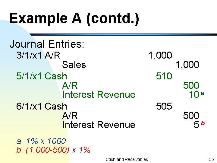 Example A (contd. ) Journal Entries: 3/1/x 1 A/R Sales 5/1/x 1 Cash A/R