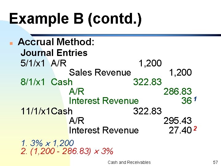 Example B (contd. ) n Accrual Method: Journal Entries 5/1/x 1 A/R 1, 200