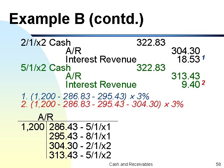 Example B (contd. ) 2/1/x 2 Cash 322. 83 A/R 304. 30 Interest Revenue