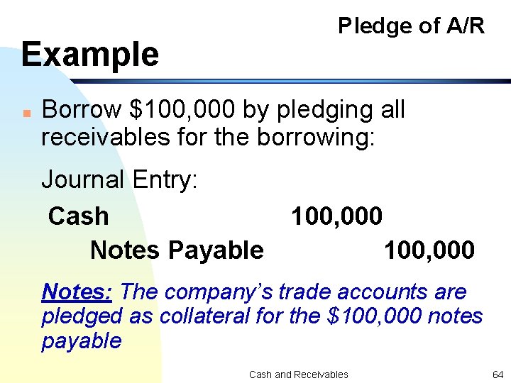 Pledge of A/R Example n Borrow $100, 000 by pledging all receivables for the