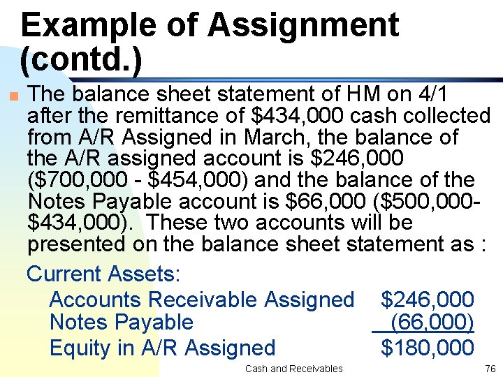 Example of Assignment (contd. ) n The balance sheet statement of HM on 4/1