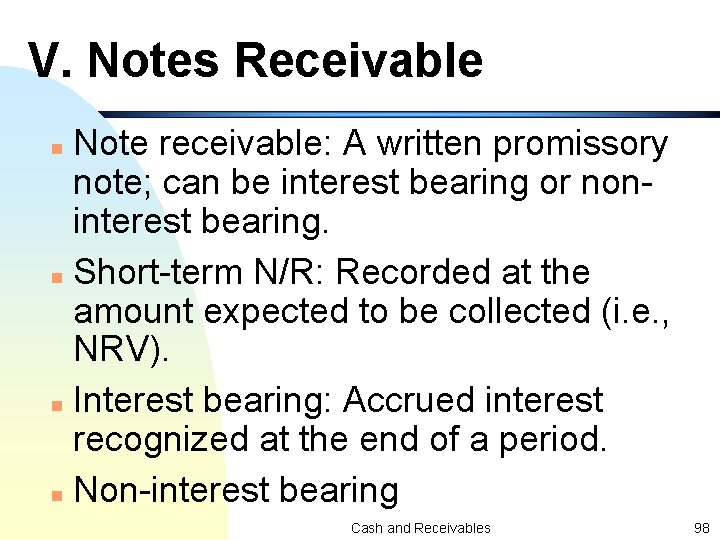 V. Notes Receivable Note receivable: A written promissory note; can be interest bearing or