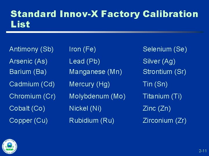 Standard Innov-X Factory Calibration List Antimony (Sb) Iron (Fe) Selenium (Se) Arsenic (As) Barium