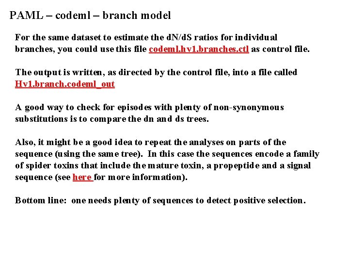 PAML – codeml – branch model For the same dataset to estimate the d.