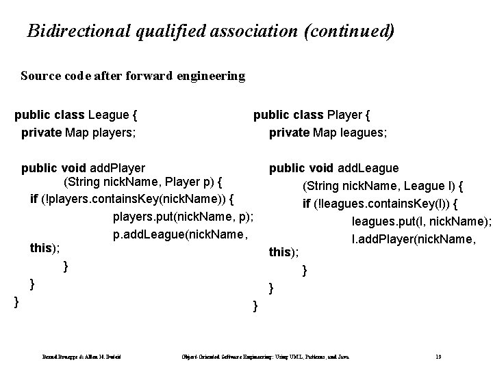 Bidirectional qualified association (continued) Source code after forward engineering public class League { private Bidirectional qualified association (continued) Source code after forward engineering public class League { private