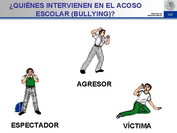 ¿QUIÉNES INTERVIENEN EN EL ACOSO ESCOLAR (BULLYING)? SECRETARÍA DE SEGURIDAD PÚBLICA AGRESOR ESPECTADOR VÍCTIMA