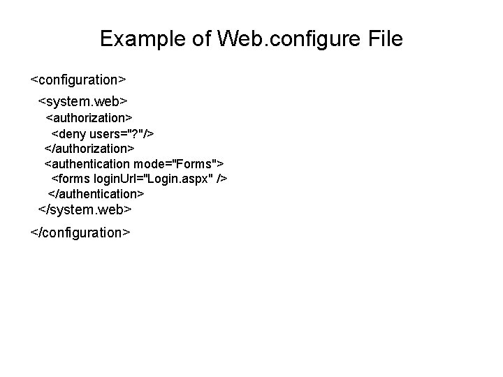 Example of Web. configure File <configuration> <system. web> <authorization> <deny users="? "/> </authorization> <authentication