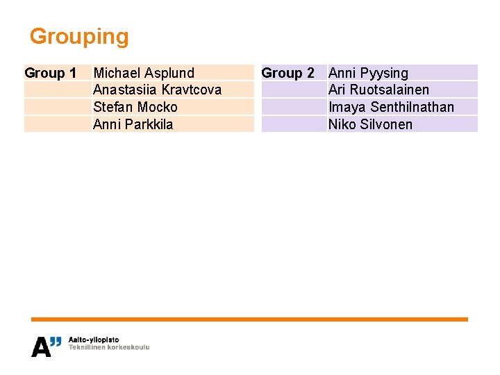 Grouping Group 1 Michael Asplund Anastasiia Kravtcova Stefan Mocko Anni Parkkila Group 2 Anni