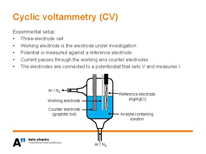 Cyclic voltammetry (CV) Experimental setup: • Three-electrode cell • Working electrode is the electrode