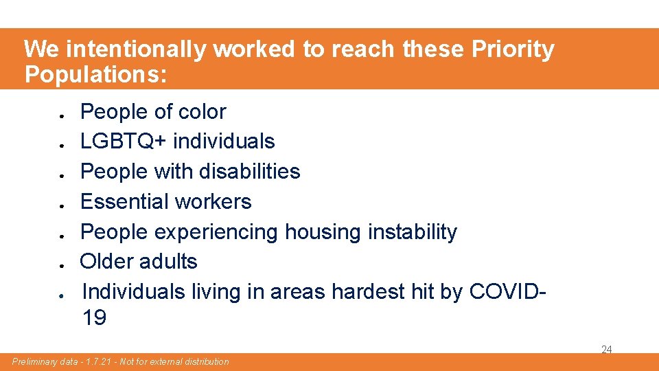 We intentionally worked to reach these Priority Populations: ● ● ● ● People of