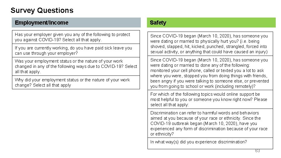 Survey Questions Employment/Income Safety Has your employer given you any of the following to