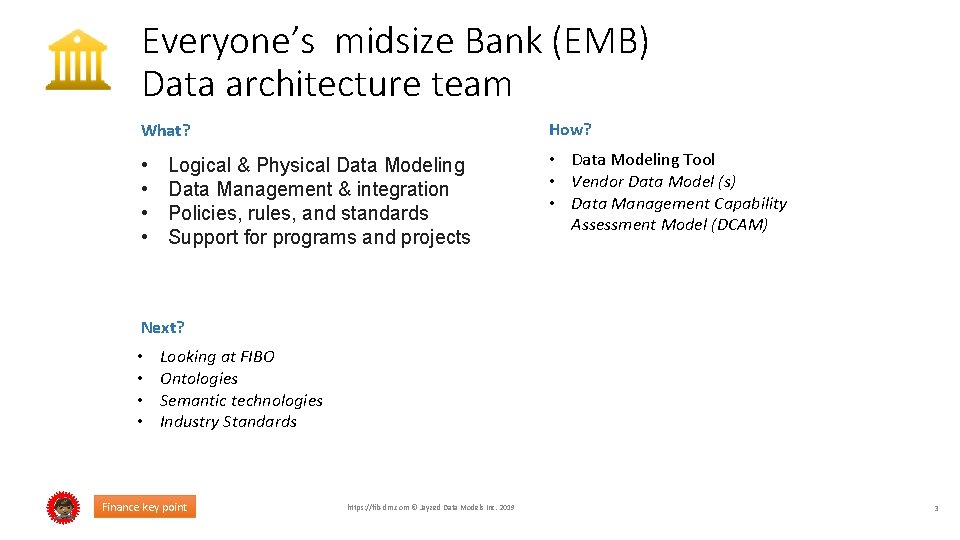 Everyone’s midsize Bank (EMB) Data architecture team What? How? • • • Data Modeling