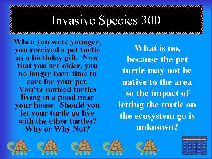 Invasive Species 300 When you were younger, you received a pet turtle as a