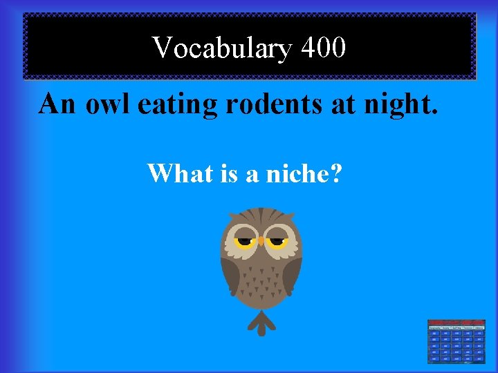 Vocabulary 400 An owl eating rodents at night. What is a niche? 