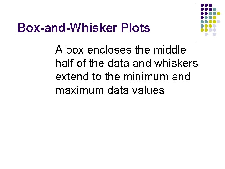 Box-and-Whisker Plots A box encloses the middle half of the data and whiskers extend