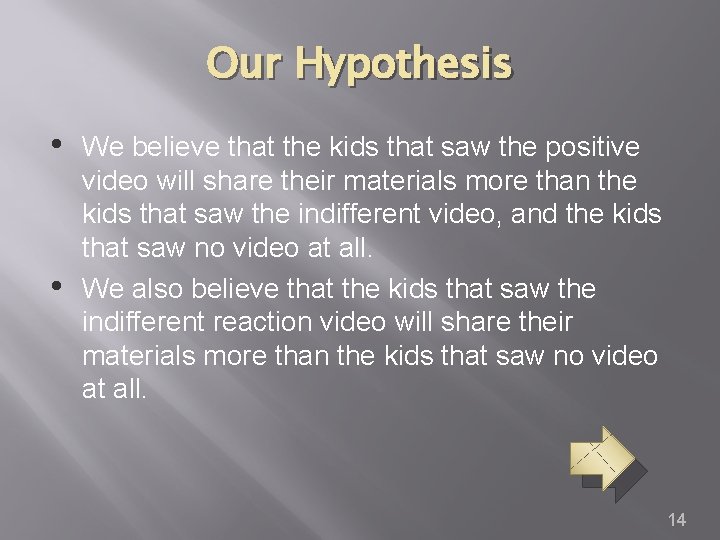 Our Hypothesis • • We believe that the kids that saw the positive video