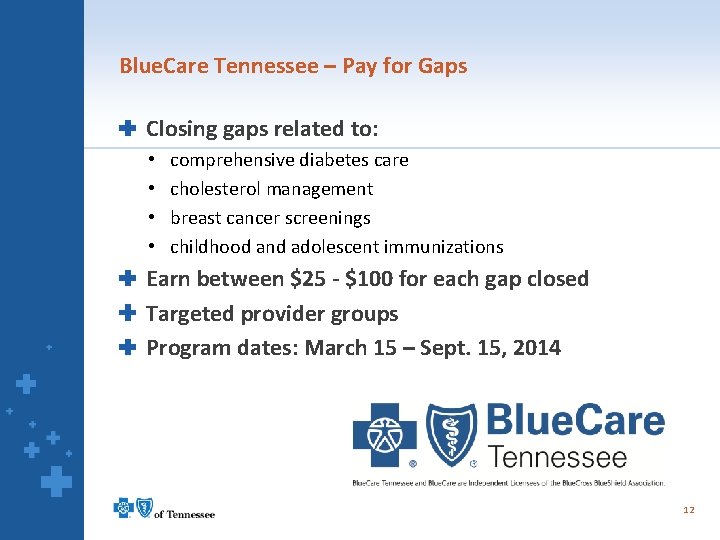 Blue. Care Tennessee – Pay for Gaps Closing gaps related to: • • comprehensive