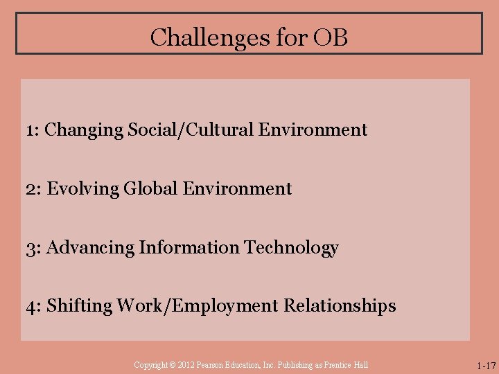 Challenges for OB 1: Changing Social/Cultural Environment 2: Evolving Global Environment 3: Advancing Information