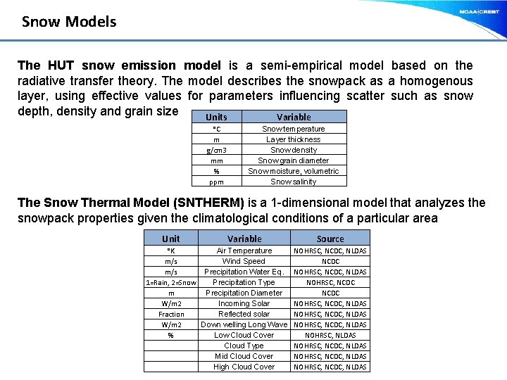 Snow Models The HUT snow emission model is a semi-empirical model based on the
