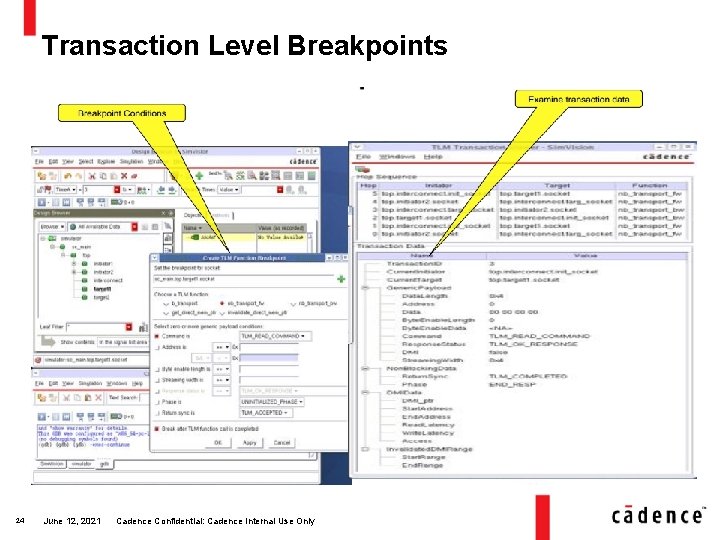 Transaction Level Breakpoints 24 June 12, 2021 Cadence Confidential: Cadence Internal Use Only 
