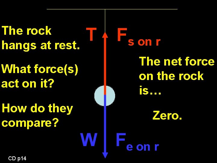 The rock hangs at rest. What force(s) act on it? How do they compare?