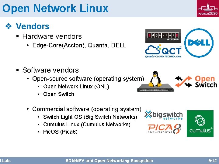 Open Network Linux v Vendors M Lab. § Hardware vendors • Edge-Core(Accton), Quanta, DELL