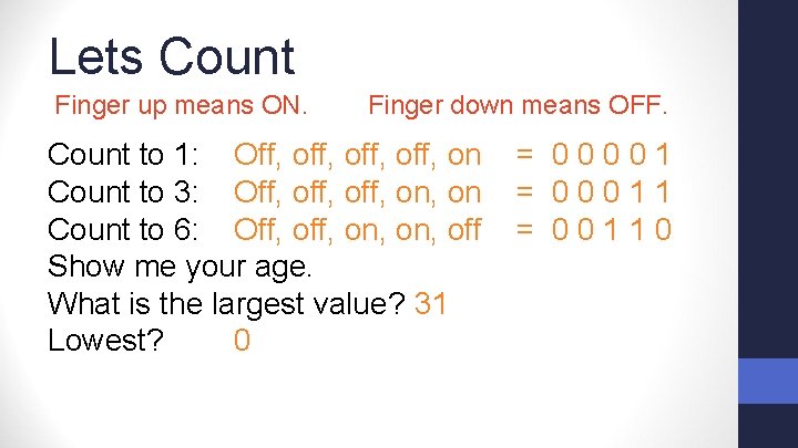 Lets Count Finger up means ON. Finger down means OFF. Count to 1: Off,