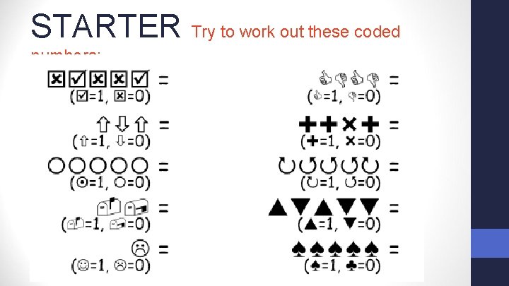 STARTER Try to work out these coded numbers: 