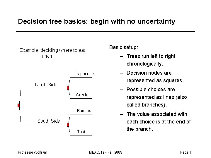 Decision tree basics: begin with no uncertainty Basic setup: Example: deciding where to eat Decision tree basics: begin with no uncertainty Basic setup: Example: deciding where to eat