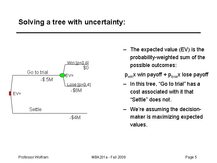 Solving a tree with uncertainty: Win [p=0. 6] Go to trial -$. 5 M