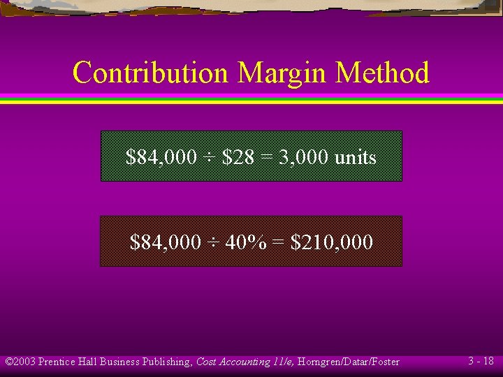 Contribution Margin Method $84, 000 ÷ $28 = 3, 000 units $84, 000 ÷