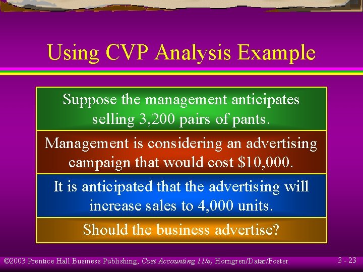 Using CVP Analysis Example Suppose the management anticipates selling 3, 200 pairs of pants.