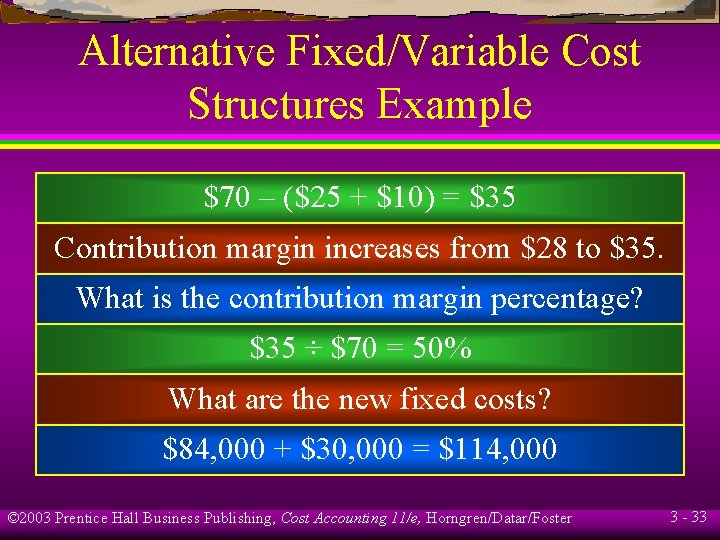 Alternative Fixed/Variable Cost Structures Example $70 – ($25 + $10) = $35 Contribution margin