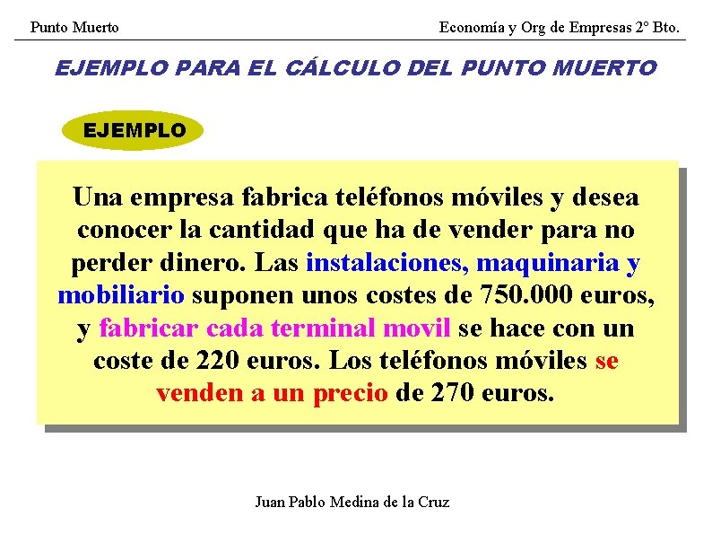 Punto Muerto Economía y Org de Empresas 2º Bto. EJEMPLO PARA EL CÁLCULO DEL