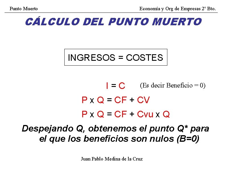 Punto Muerto Economía y Org de Empresas 2º Bto. CÁLCULO DEL PUNTO MUERTO INGRESOS