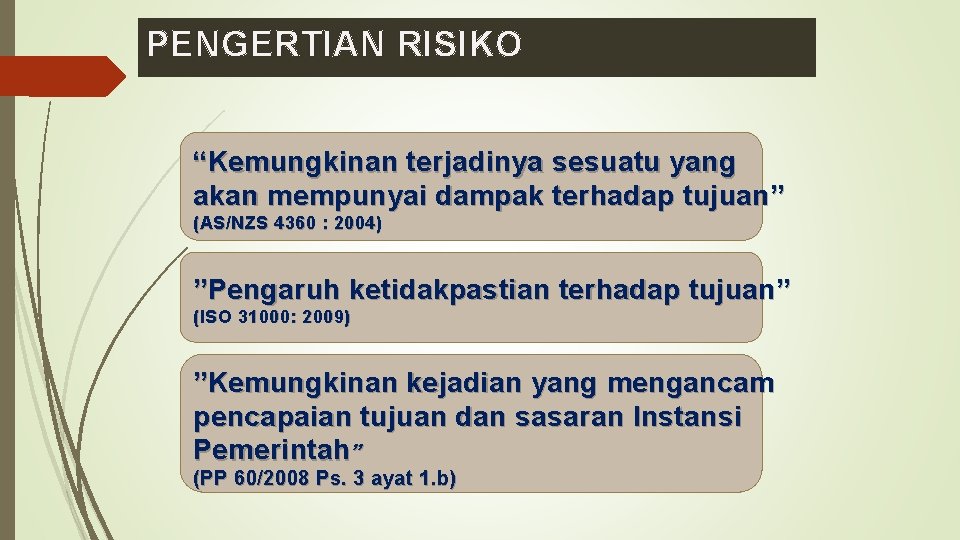 PENGERTIAN RISIKO “Kemungkinan terjadinya sesuatu yang akan mempunyai dampak terhadap tujuan” (AS/NZS 4360 : PENGERTIAN RISIKO “Kemungkinan terjadinya sesuatu yang akan mempunyai dampak terhadap tujuan” (AS/NZS 4360 :